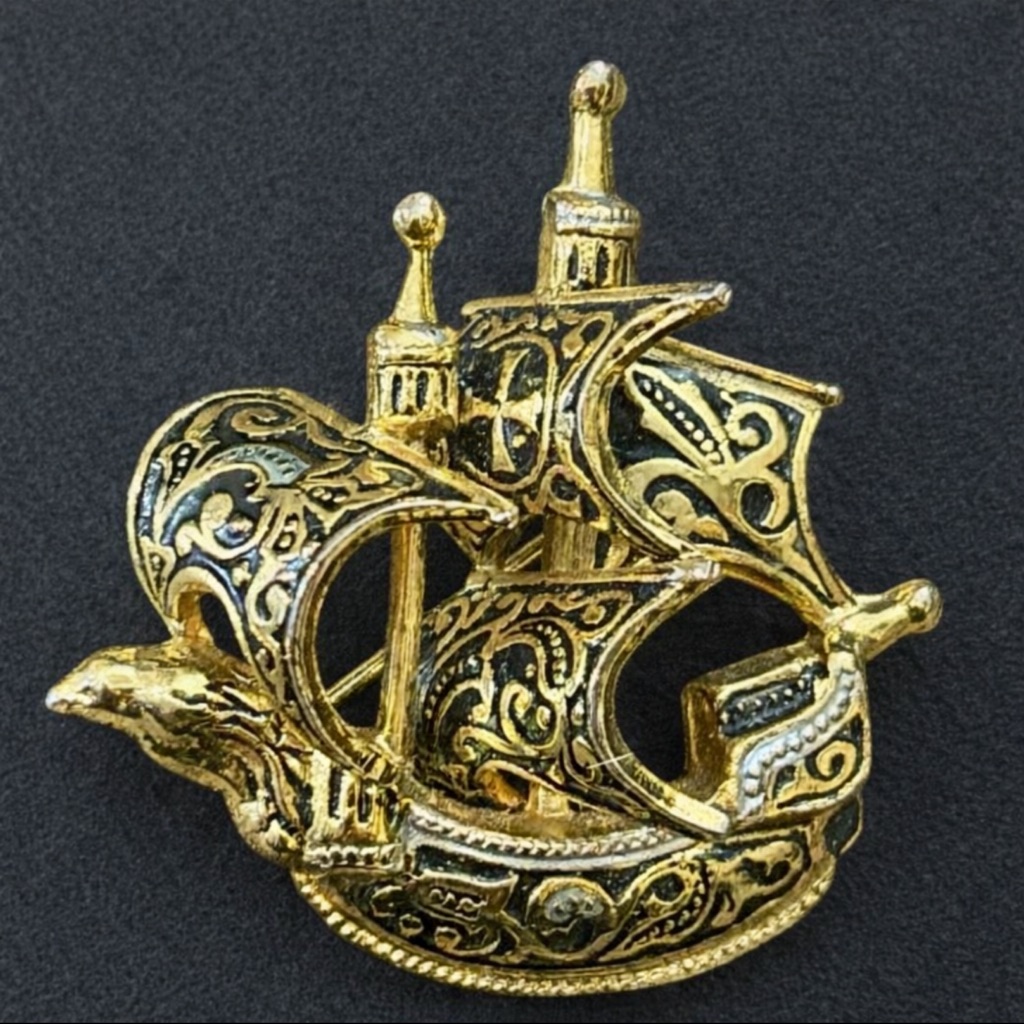 1960s Damascene Mid-Century Ship Brooch Gold & Black Enamel